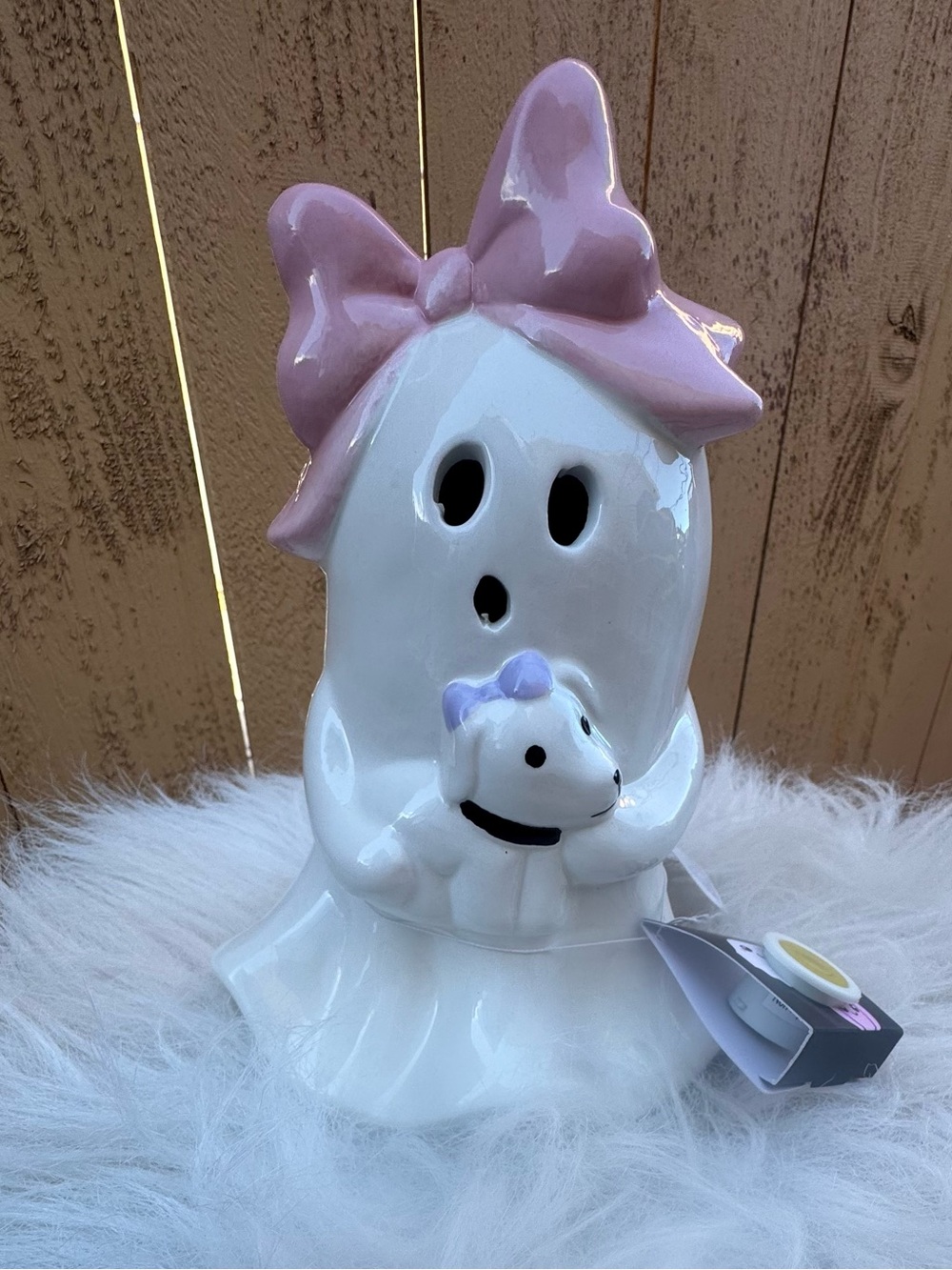 New Female ghost Light up Holiday decor w Pink Bow holding puppy dog purple bow